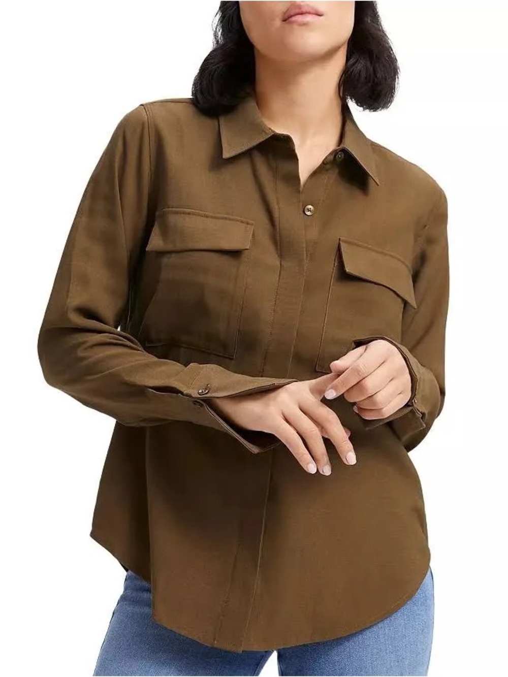 NWT! $120 Good American flap pocket button up shirt top Olive Green 0 XS